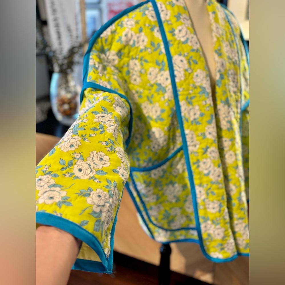 ๐งต HANDMADE (by me!) Floral Quilt Coat Jacket with Blue Trim M-XL - Picture 8 of 15